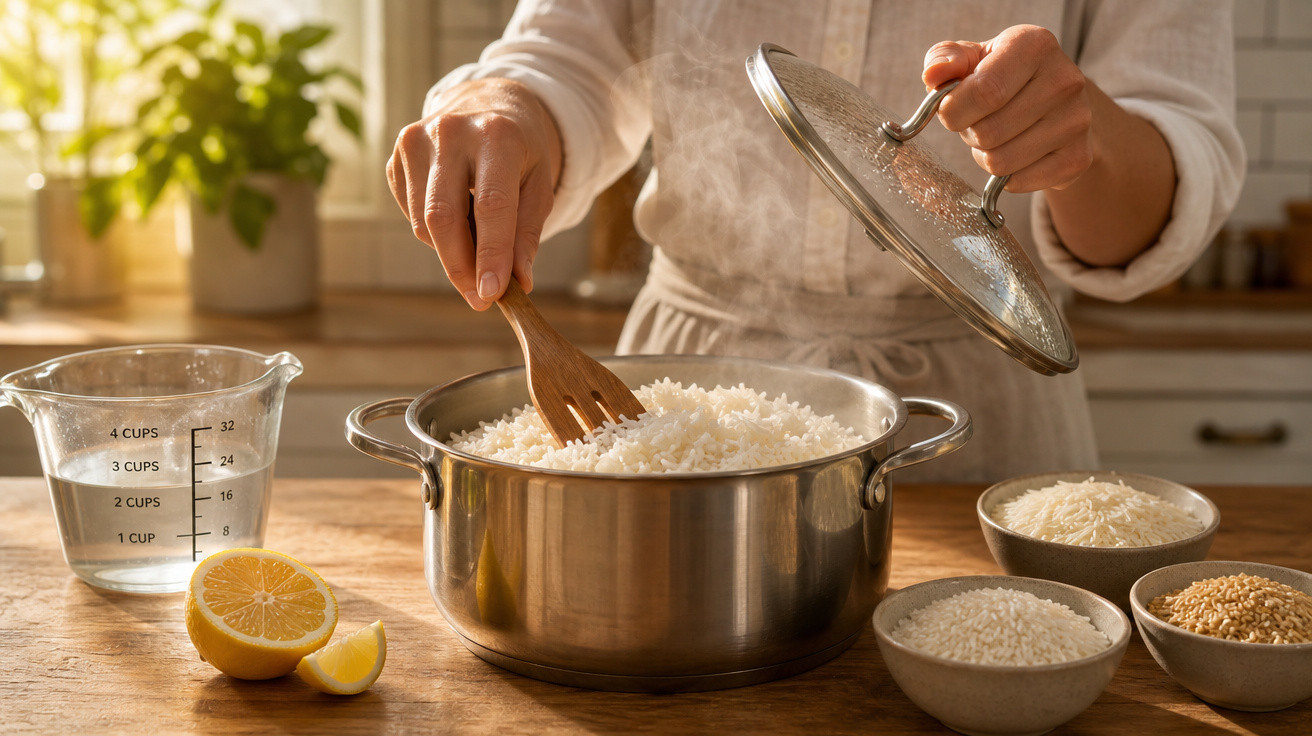 Pessoa a mexer arroz recém-cozido numa panela de inox, com tigelas de arroz e limão na mesa.