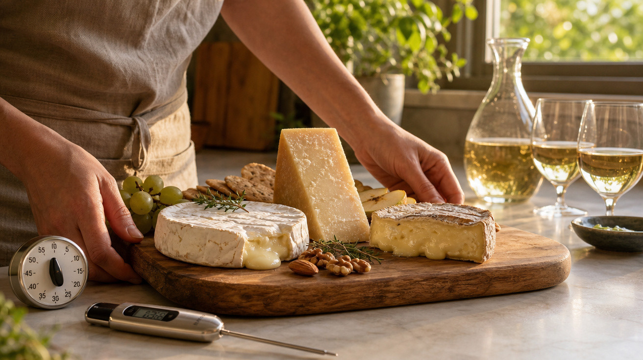 Pessoa a preparar tábua com queijos e frutos secos, com termómetros e copos de vinho branco à janela.