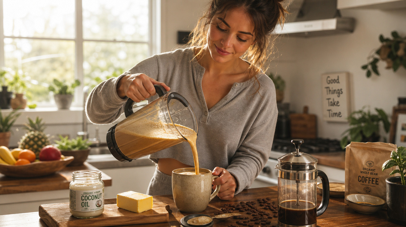 Mulher a verter bebida cremosa de café num copo numa cozinha iluminada e acolhedora.