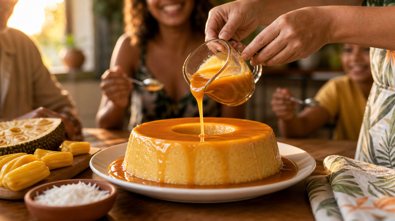 Pudim de caramelo sendo servido à mesa com frutas tropicais e pessoas ao fundo sorrindo.