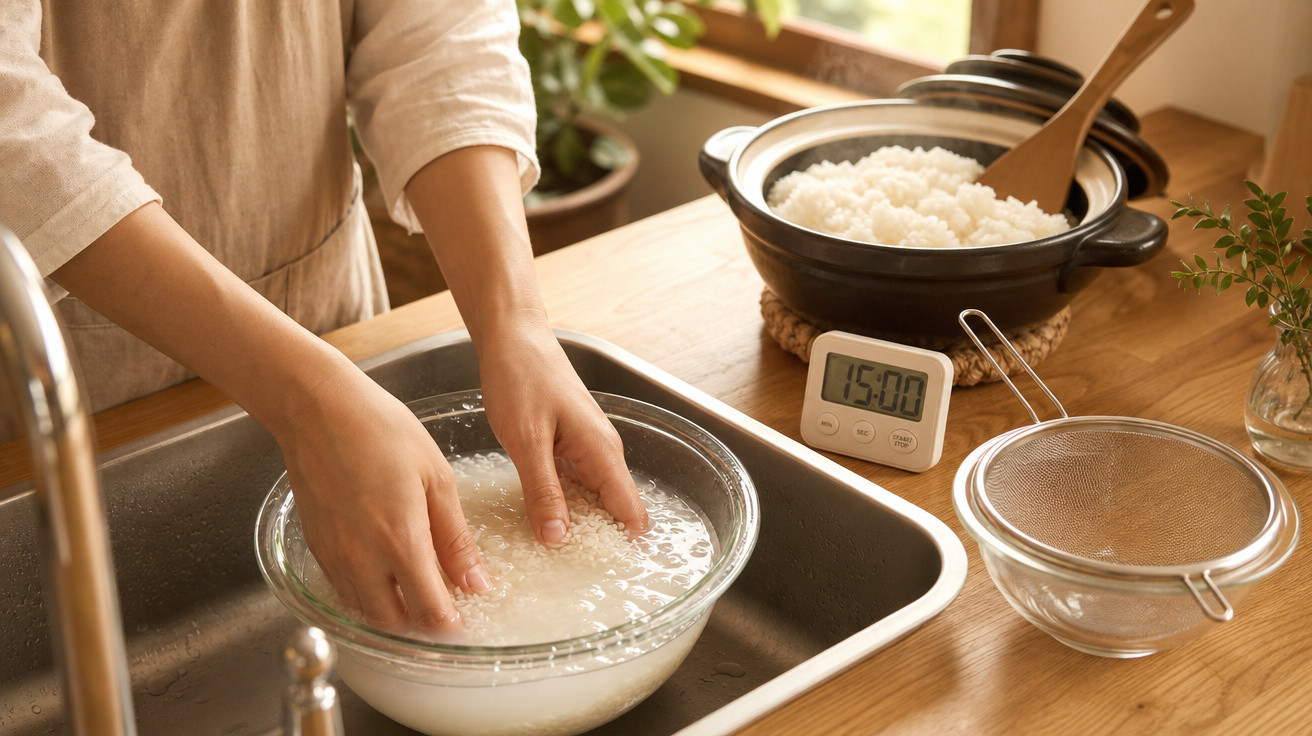 Pessoa a lavar arroz num recipiente de vidro na pia da cozinha com panela de arroz e temporizador na bancada.
