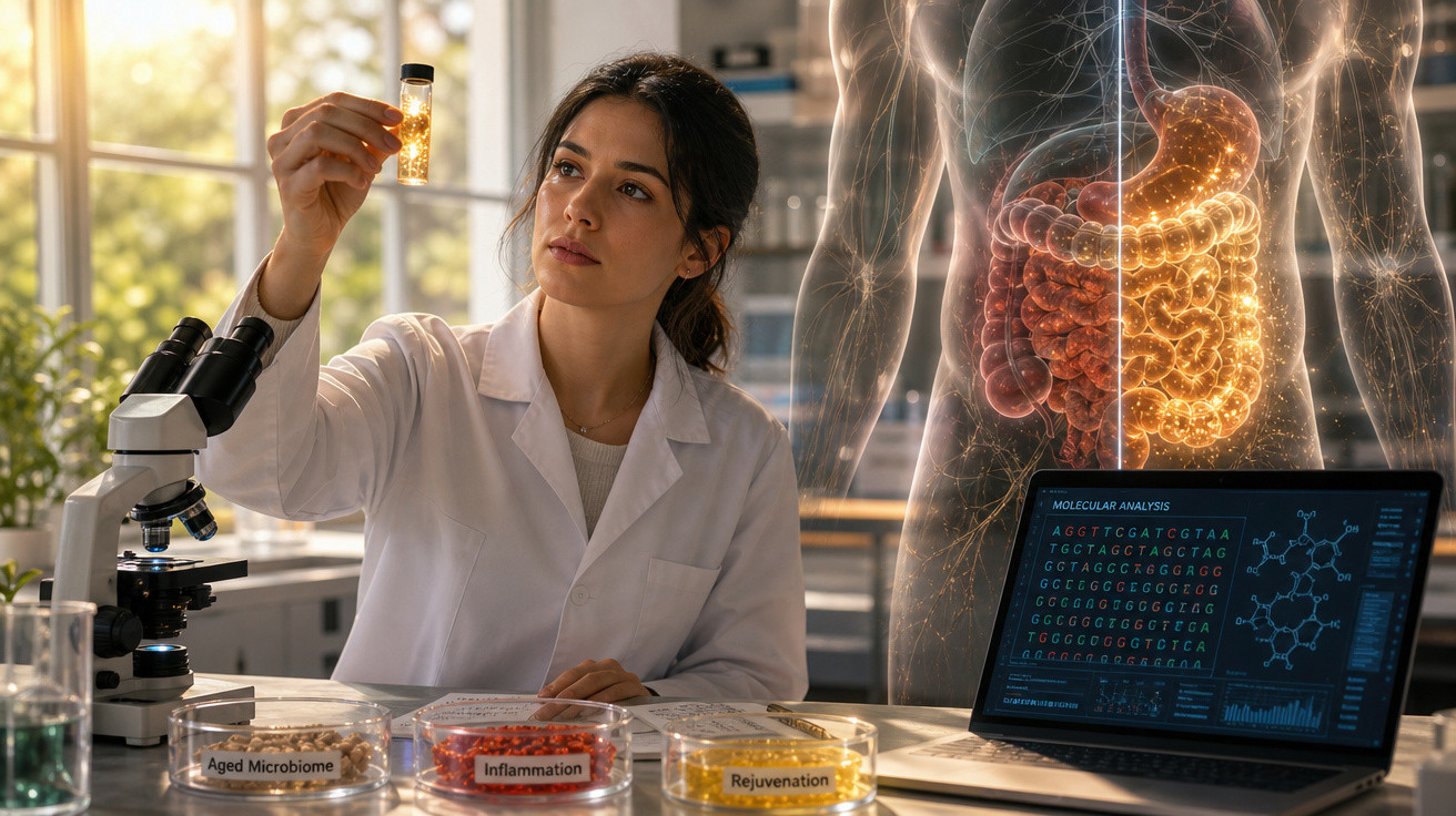 Cientista a analisar amostra em laboratório com foco no microbioma e intestinos numa representação digital.