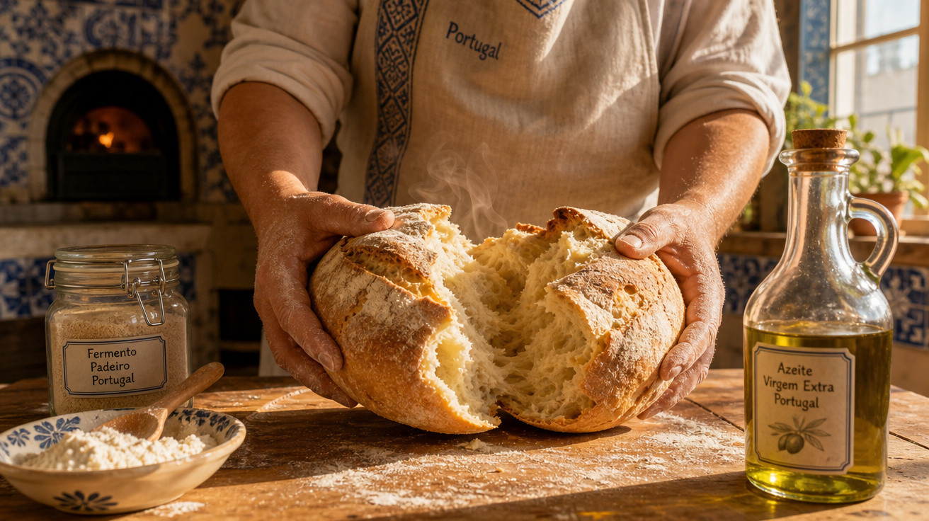 Mãos a partir um pão caseiro quente numa cozinha tradicional portuguesa com azeite e fermento ao lado.