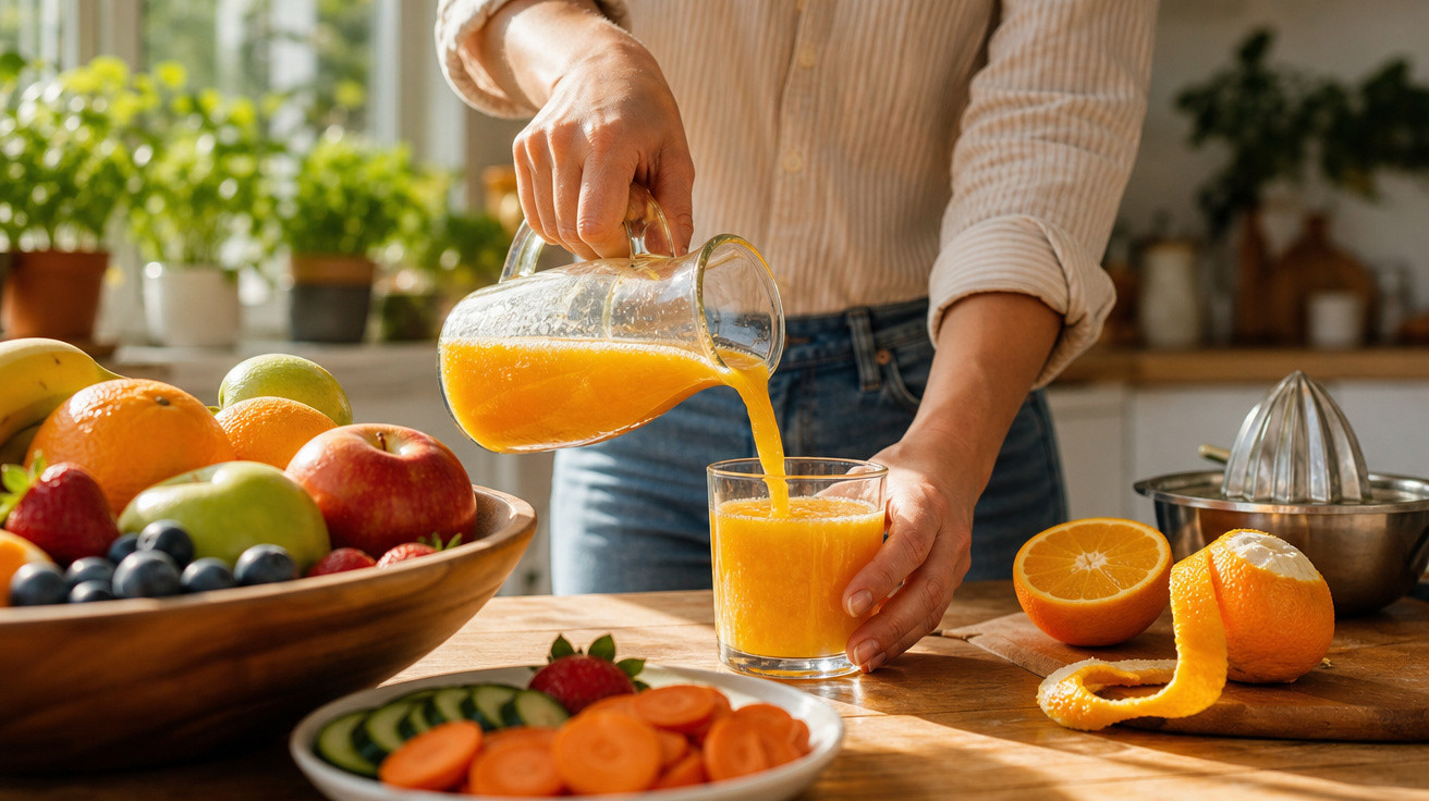 Pessoa a servir sumo de laranja natural num copo, rodeada por frutas frescas numa cozinha luminosa.