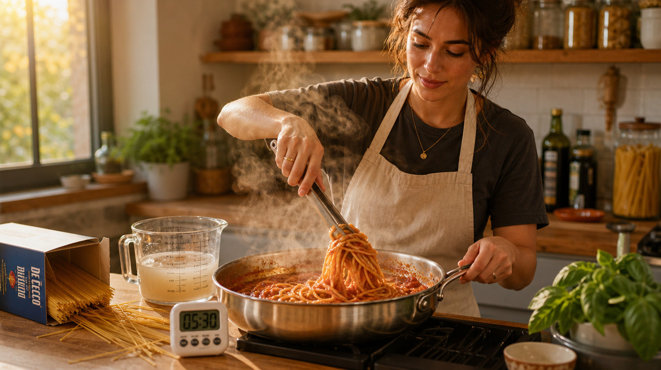 Mulher a cozinhar esparguete com molho vermelho numa cozinha acolhedora e iluminada ao fim da tarde.