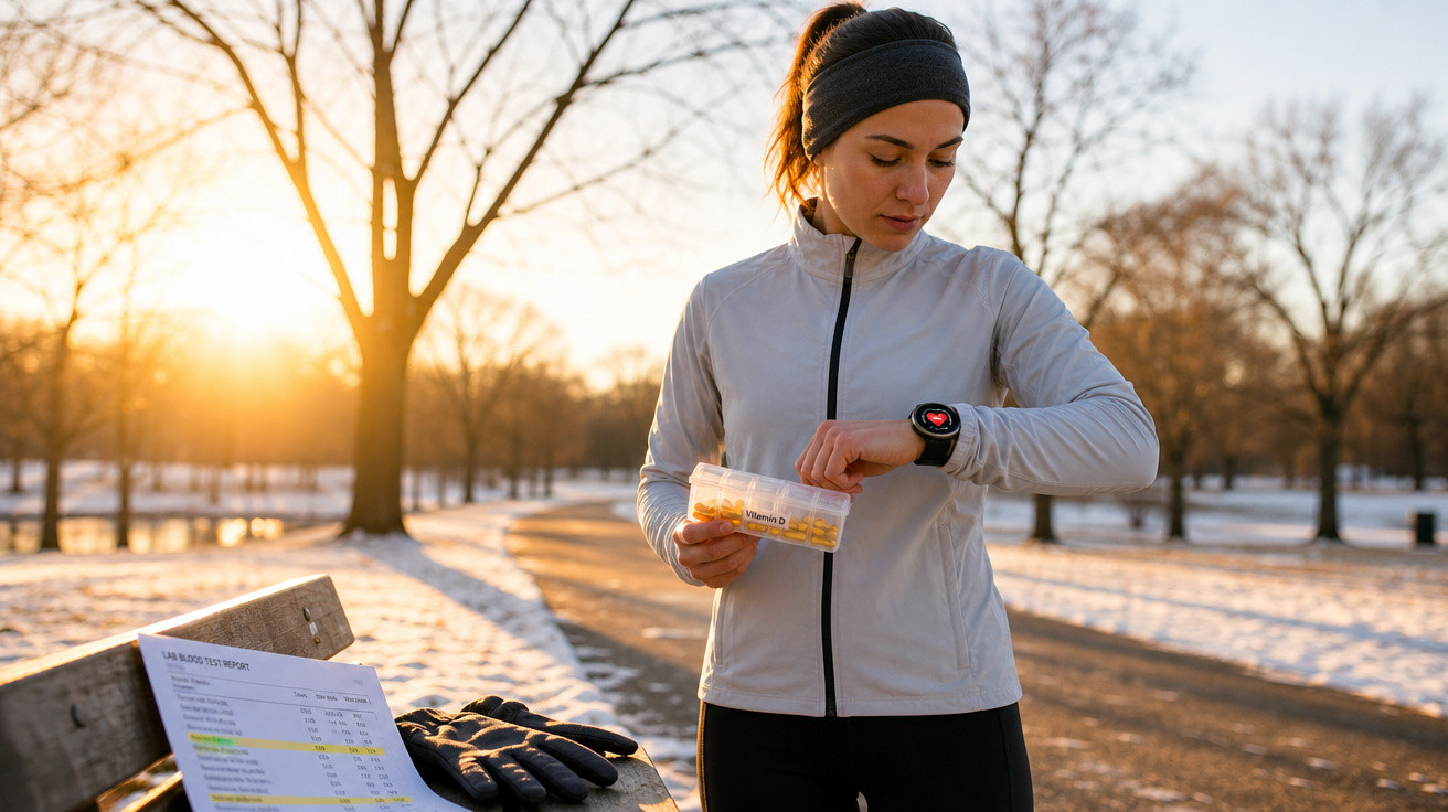 Mulher em roupa de desporto, num parque de inverno, segura caixa de vitamina D e consulta relógio inteligente.