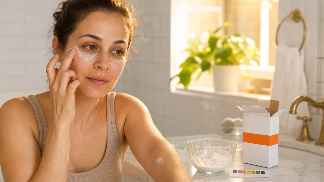 Mulher a aplicar creme facial no rosto numa casa de banho iluminada com planta e pia ao fundo.