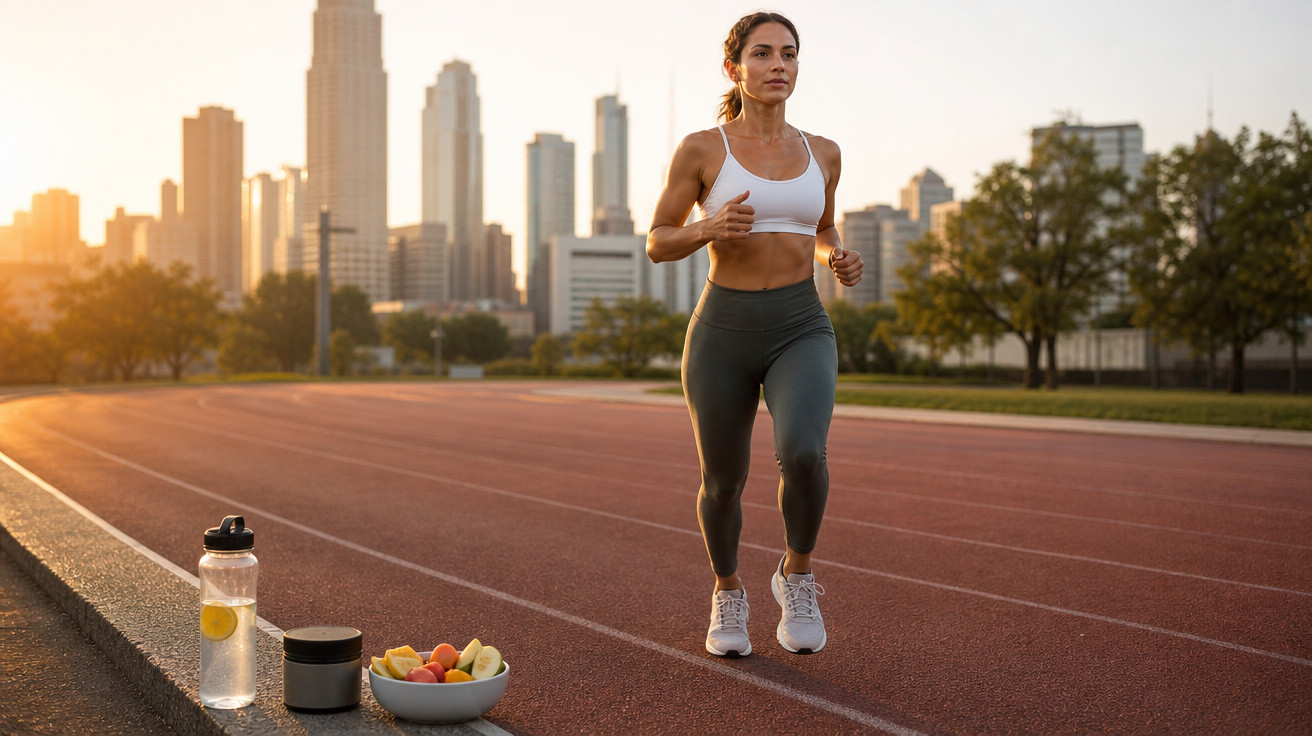 Mulher a correr numa pista urbana ao pôr do sol com fruta e garrafa de água ao lado.