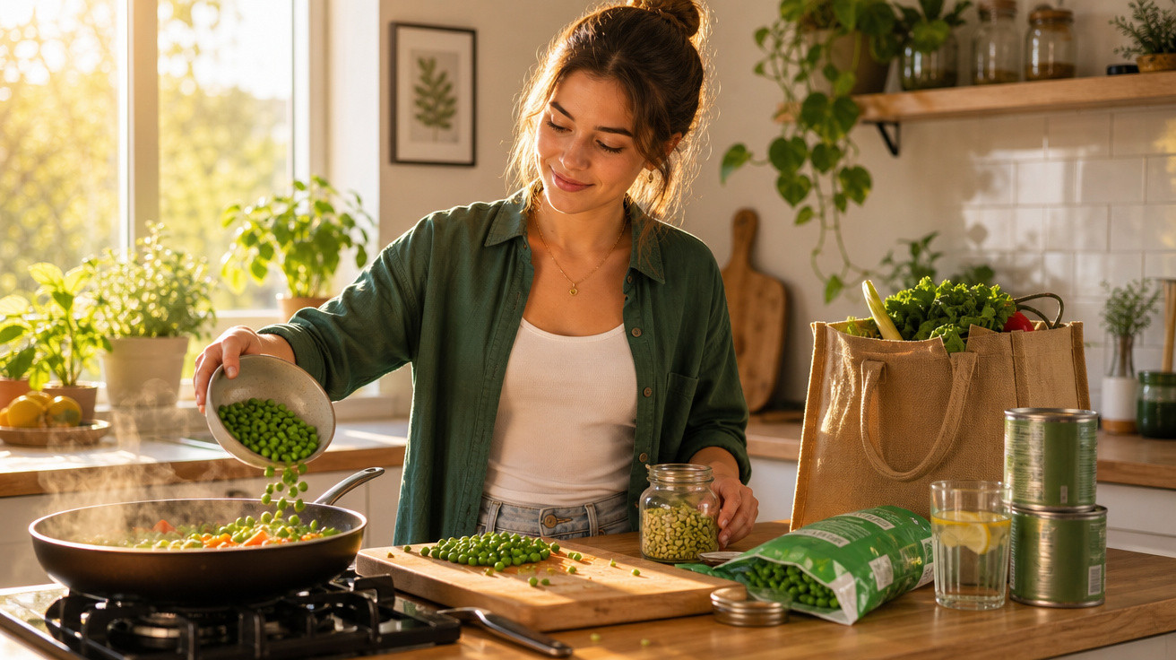 Mulher a cozinhar ervilhas numa cozinha moderna com luz natural e legumes frescos na bancada.
