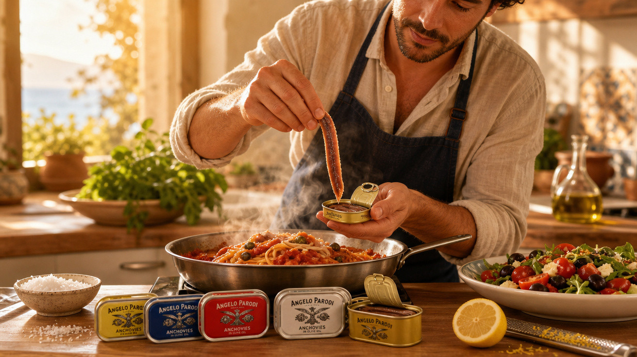 Homem a cozinhar massa com sardinhas em lata numa cozinha iluminada e rústica, cercado por ingredientes.