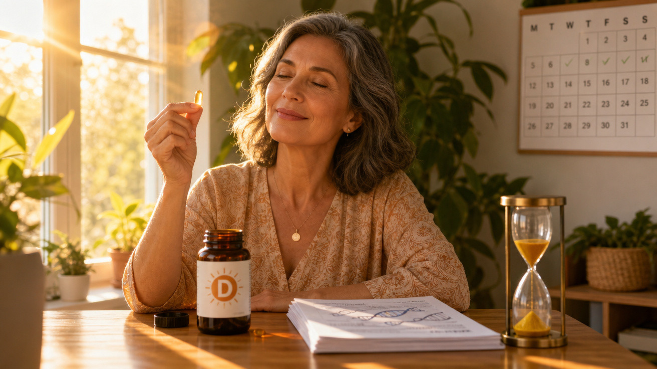 Mulher adulta a tomar suplemento de vitamina D num ambiente iluminado e calmo em casa.