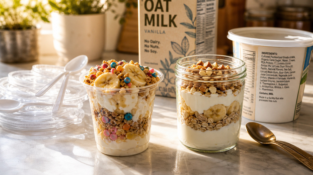 Duas taças com iogurte, granola, fatias de banana e bolinhas coloridas, com embalagem de bebida vegetal ao fundo.