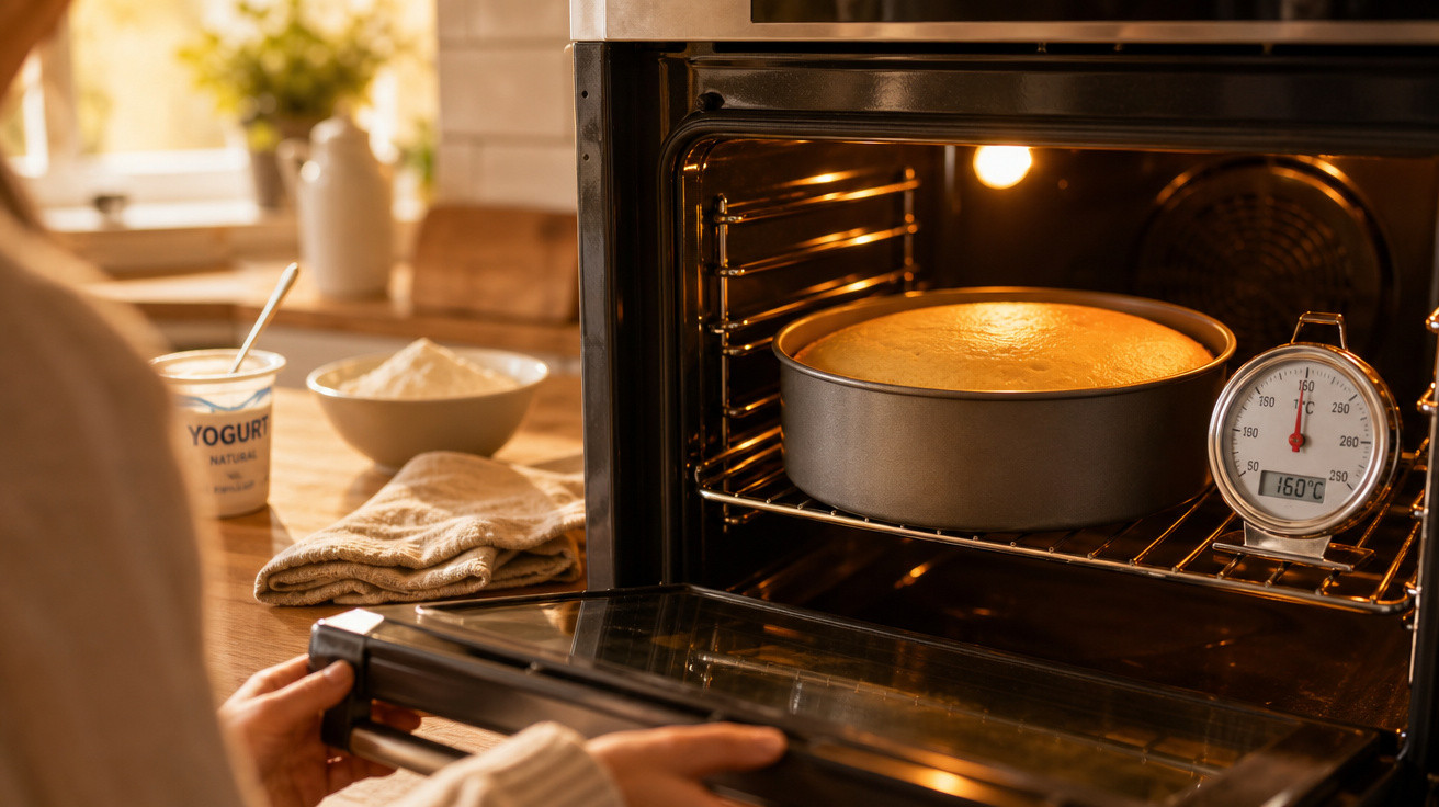 Bolo a assar no forno com termómetro a indicar 160 graus Celsius, ao lado ingredientes num balcão.