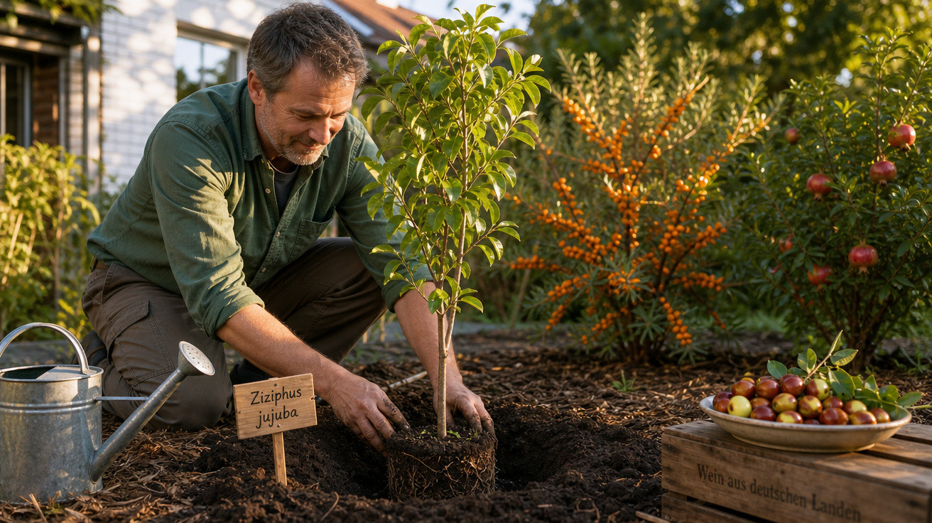Homem a plantar uma árvore jovem de Ziziphus jujuba num jardim, com regador e frutos à volta.