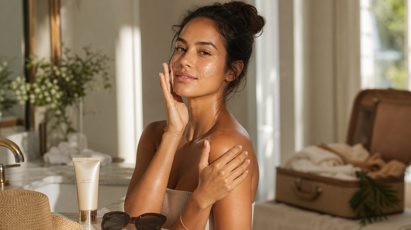 Mulher a aplicar creme hidratante no rosto num ambiente luminoso e relaxante, com produtos de beleza à frente.