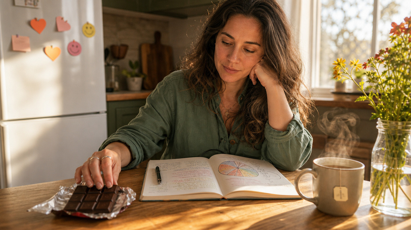 Mulher sentada a ler um caderno com gráfico, a pegar numa barra de chocolate, com chá quente numa mesa de madeira.