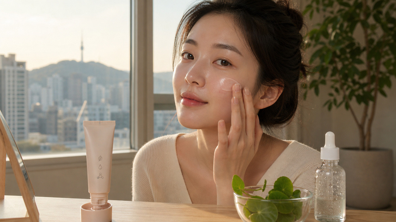 Mulher aplica creme facial perto de frascos de cosméticos e planta verde em ambiente iluminado natural.