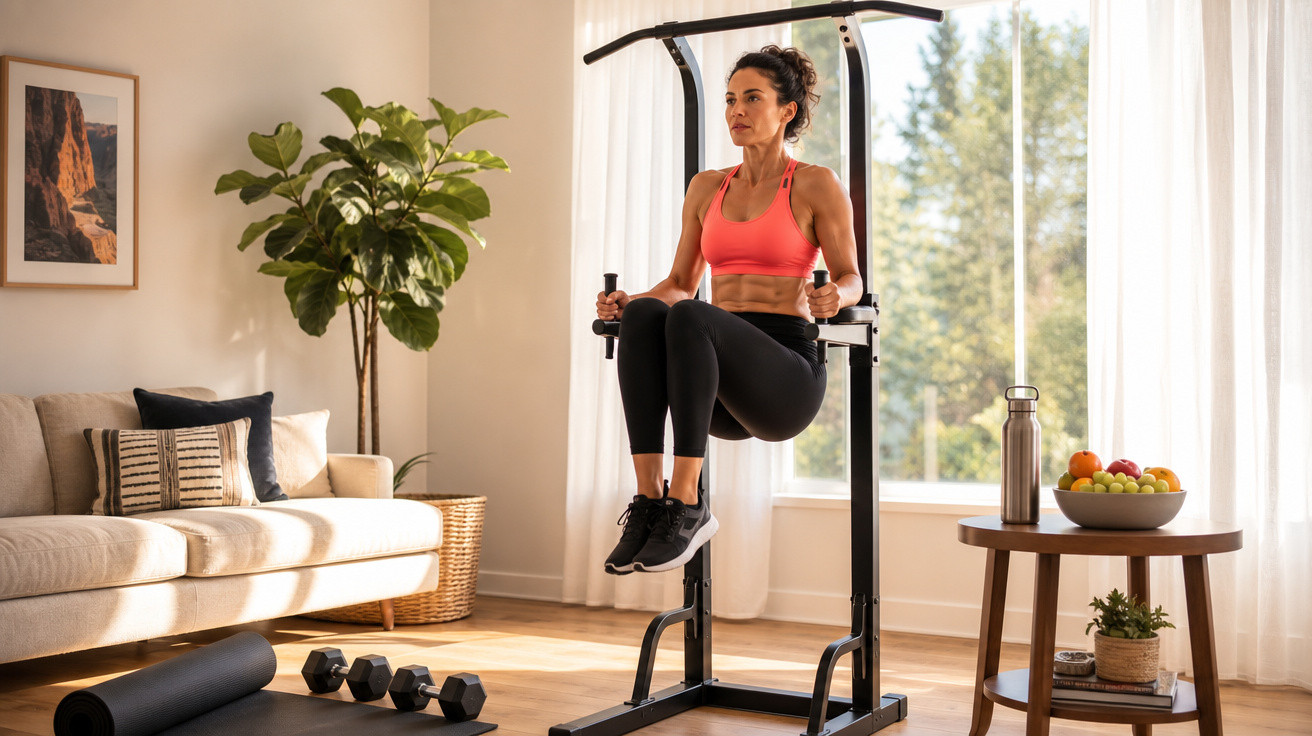 Mulher a fazer exercício com aparelho de treino em sala iluminada com janela e planta decorativa.