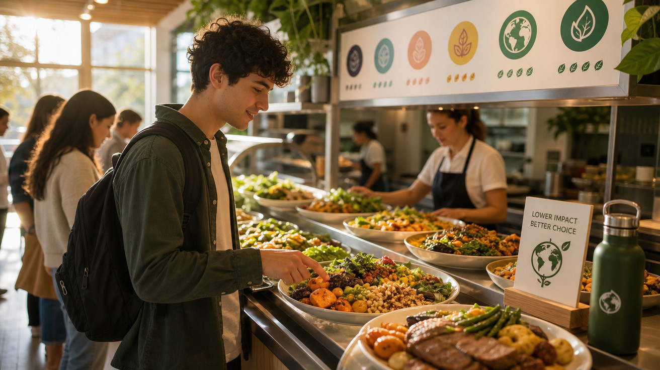 Jovem a servir-se de salada num bufete saudável com sinalética de escolha sustentável.