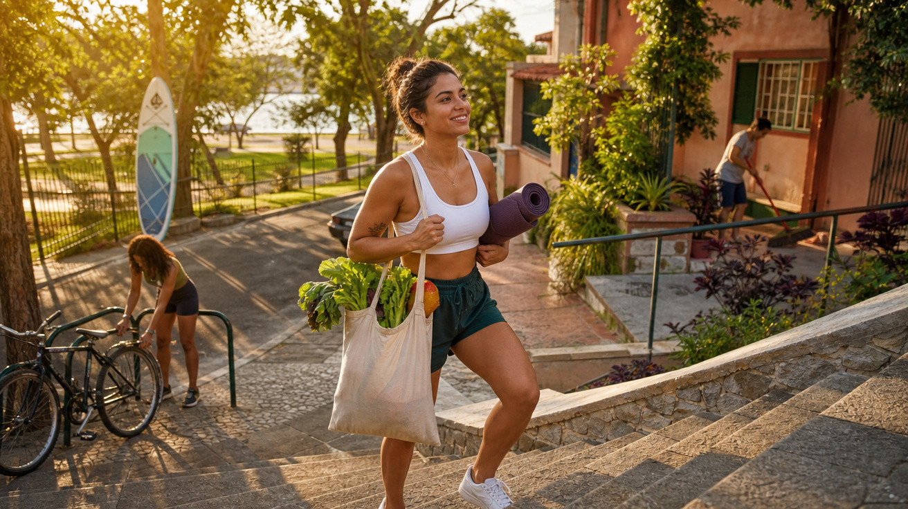 Mulher jovem a subir escadas com saco de compras e tapete de yoga ao ar livre ao pôr do sol.
