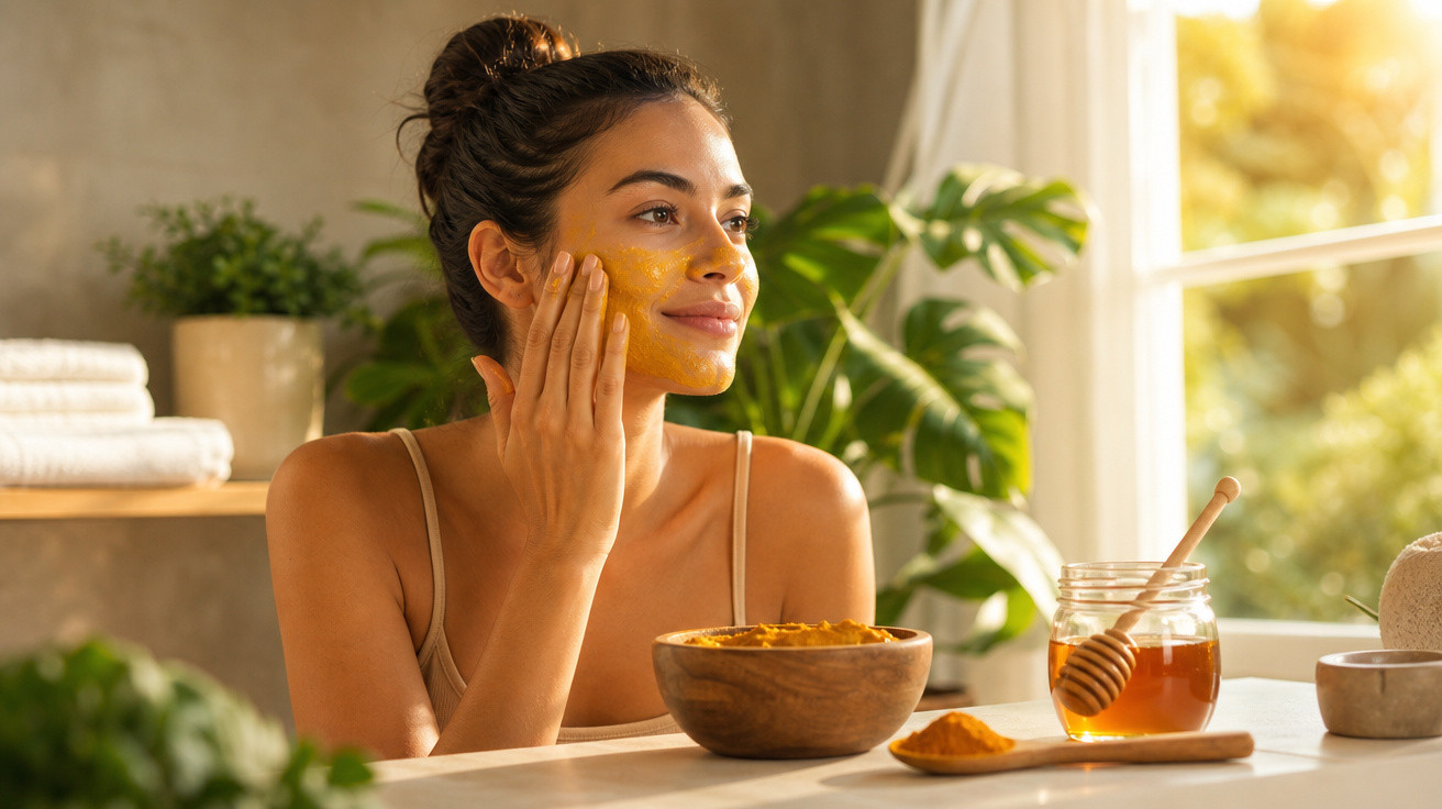 Mulher aplica máscara facial caseira de cúrcuma em ambiente iluminado e natural com plantas ao fundo.