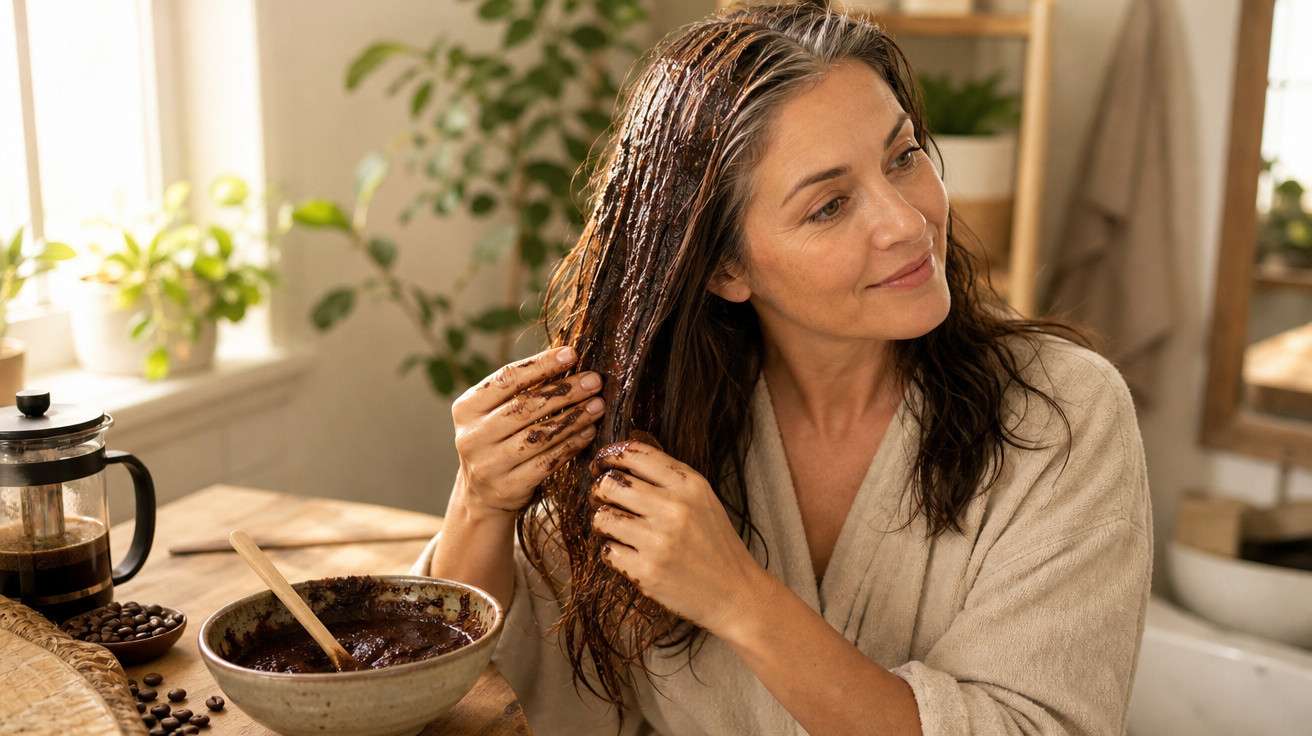 Mulher a aplicar máscara caseira de café no cabelo numa sala luminosa e decorada com plantas.