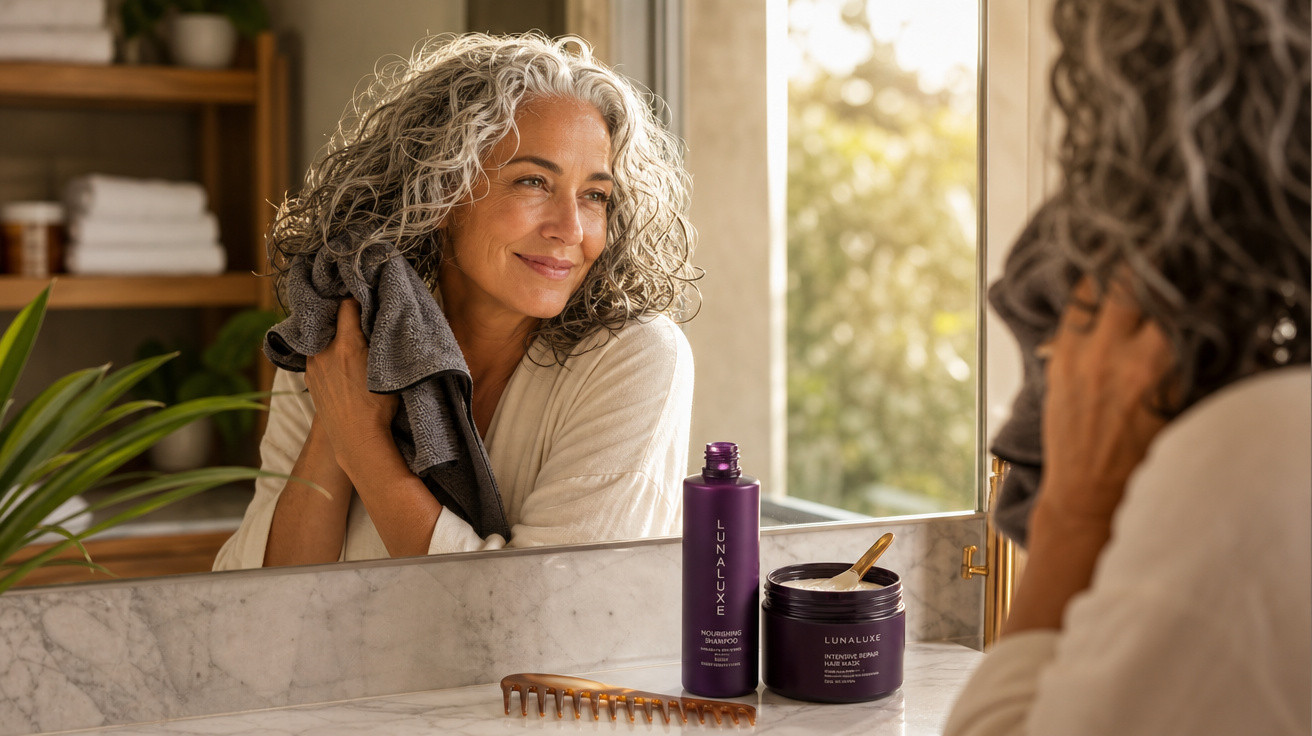 Mulher com cabelo grisalho a secar o cabelo com toalha junto a espelho, com produtos LUNALUXE e pente.