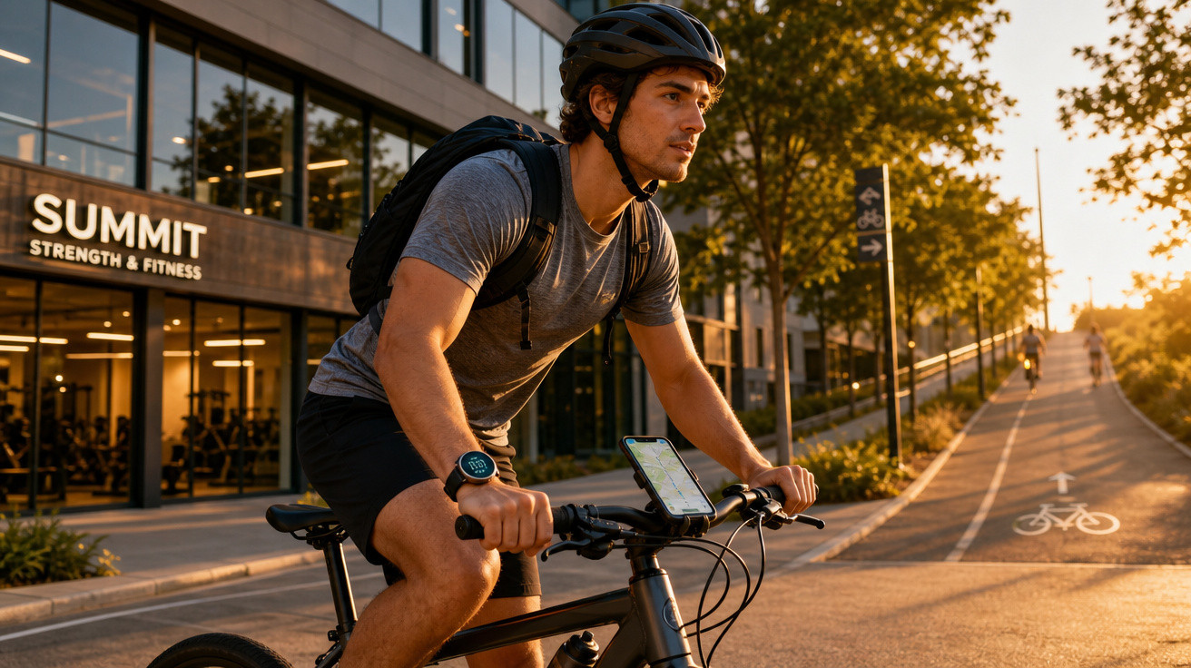 Homem de capacete e mochila a andar de bicicleta junto a um ginásio ao pôr do sol numa ciclovia urbana.