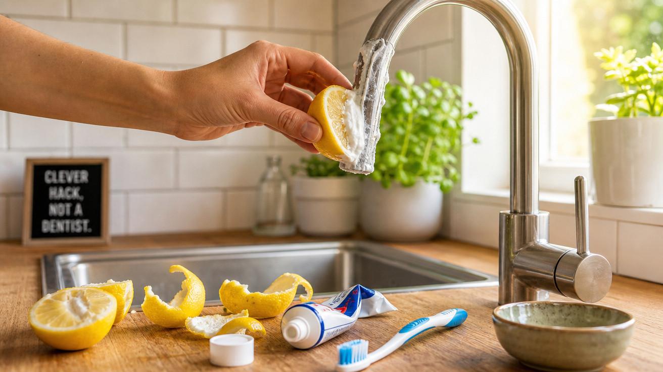 Mão a espremer meio limão em água da torneira para escovar dentes na cozinha moderna.