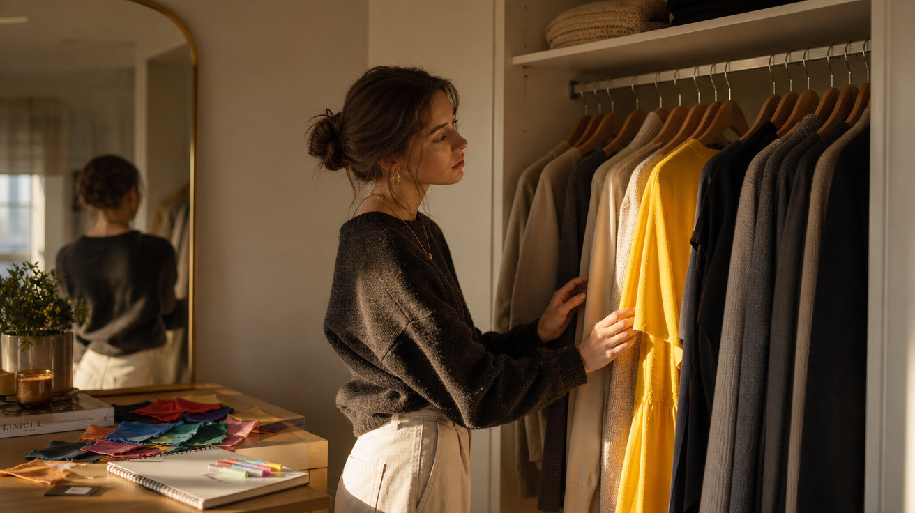 Mulher examina roupas penduradas, em ambiente com decoração minimalista e luz natural suave.