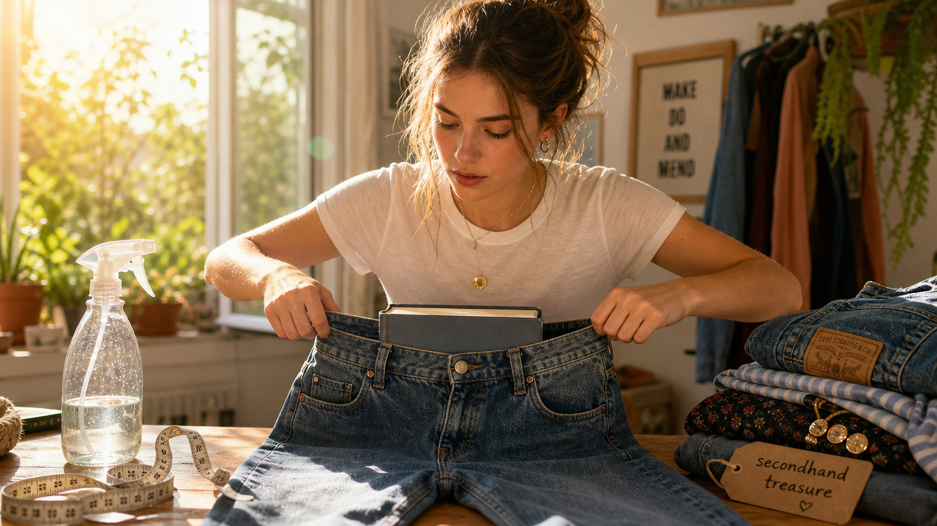 Mulher mede tamanho de jeans velho com caderno dentro, luz natural em quarto acolhedor.