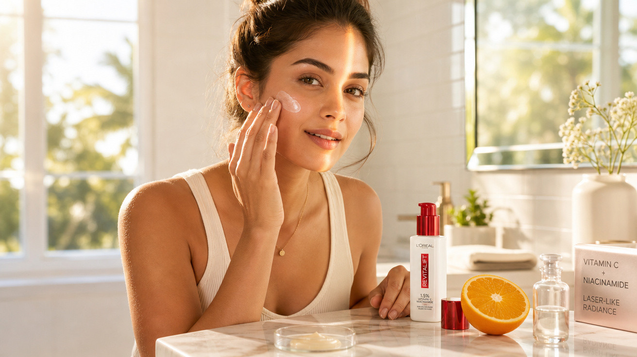 Mulher aplica creme no rosto numa casa de banho iluminada, com produtos de cuidado da pele e meia laranja na bancada.
