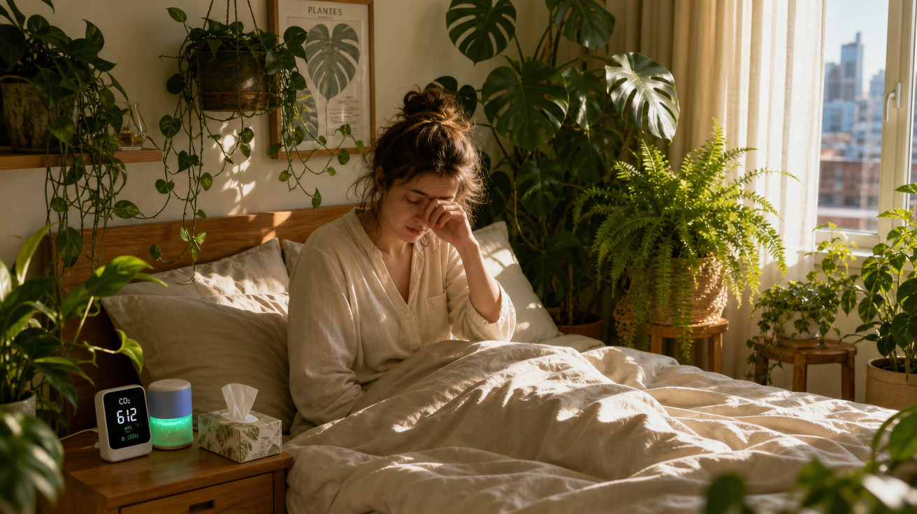 Mulher sentada na cama com expressão cansada, rodeada por plantas numa manhã iluminada pelo sol.