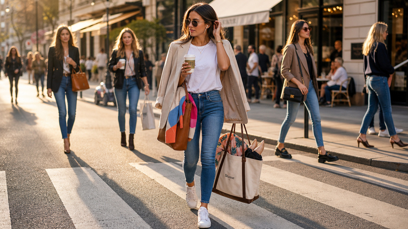 Mulheres jovens a atravessar passadeira numa rua urbana com sacos de compras e cafés na mão numa tarde ensolarada.