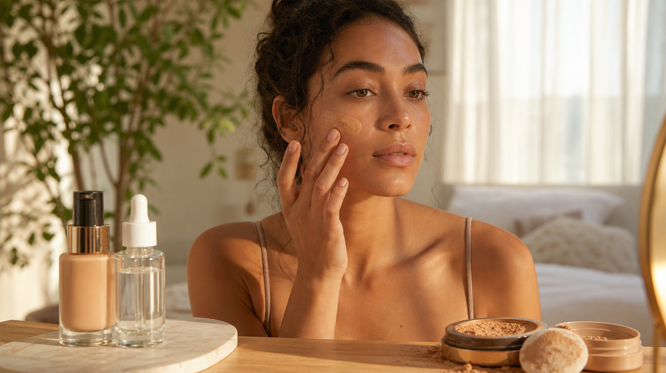 Mulher a aplicar maquilhagem facial sentada à mesa com produtos de beleza e espelho.