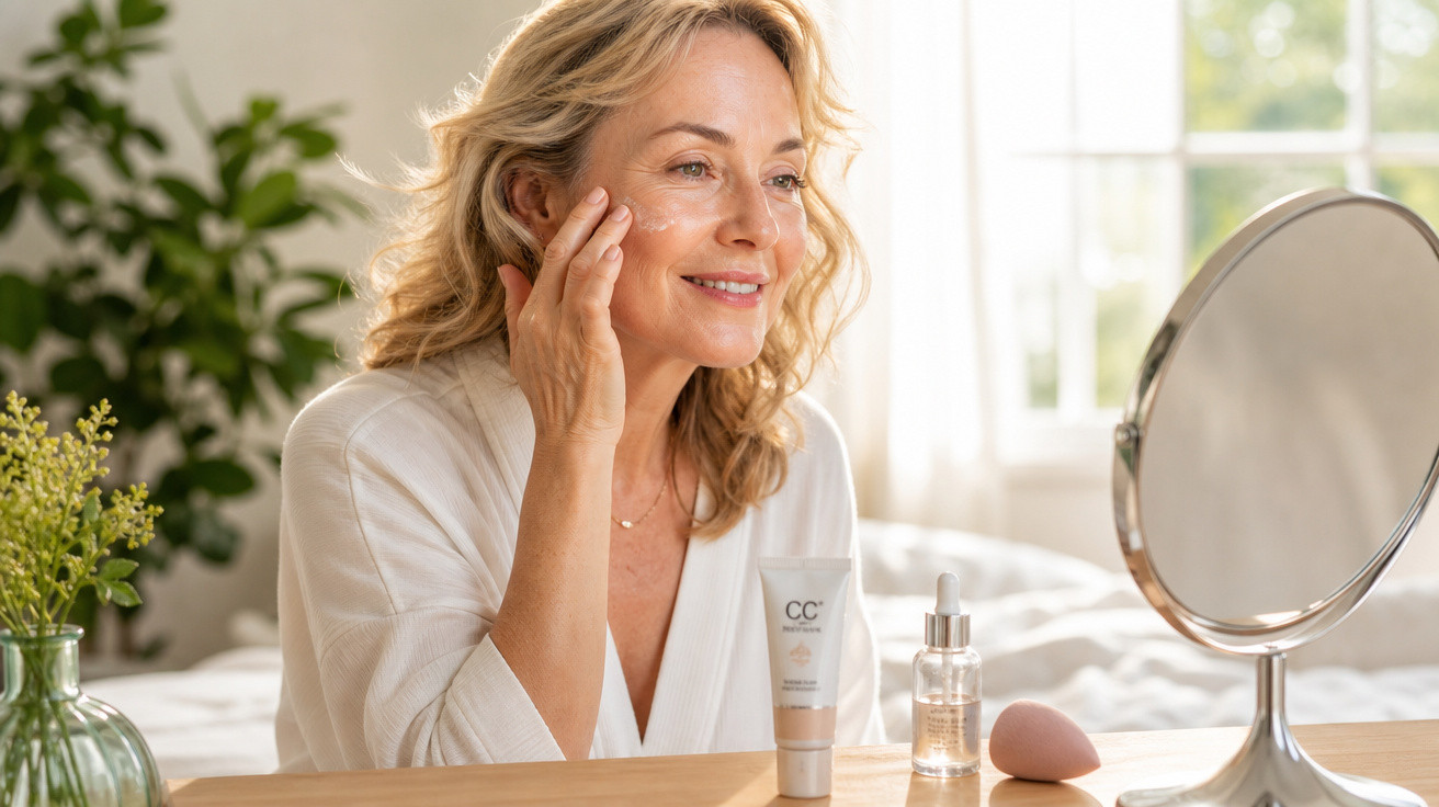 Mulher sorridente a aplicar creme no rosto sentada à mesa com produtos de beleza e espelho.