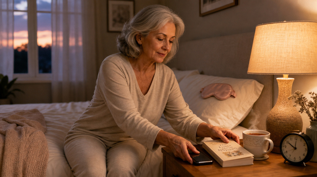 Mulher sénior sentada na cama, a pegar num livro e telefone numa mesa de cabeceira iluminada por candeeiro.