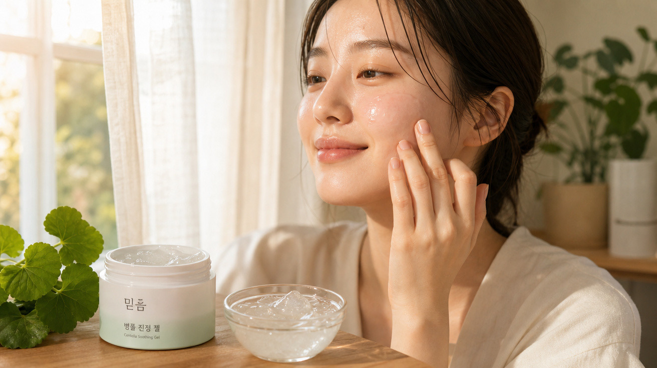 Mulher aplica gel calmante no rosto, com frasco e tigela de gel numa mesa junto a plantas.