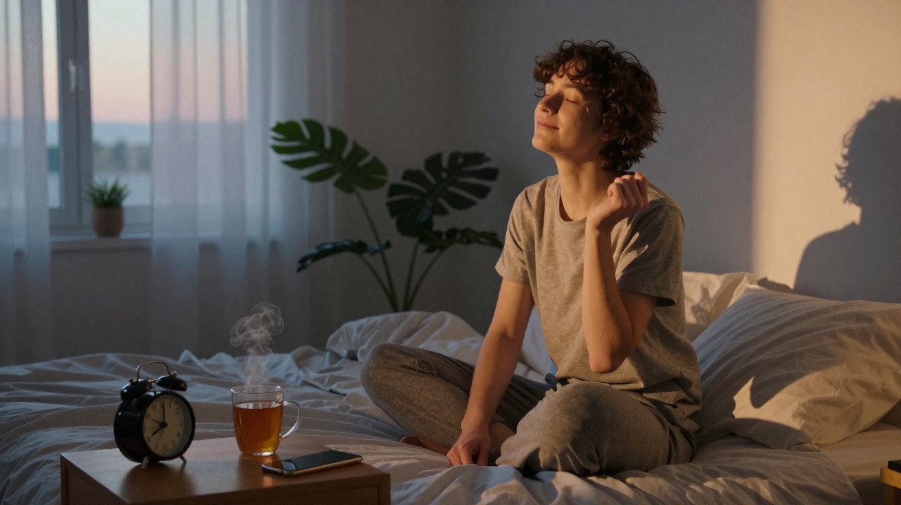 Mulher sentada na cama a relaxar, com olhos fechados, luz do sol a entrar pela janela iluminando o quarto.