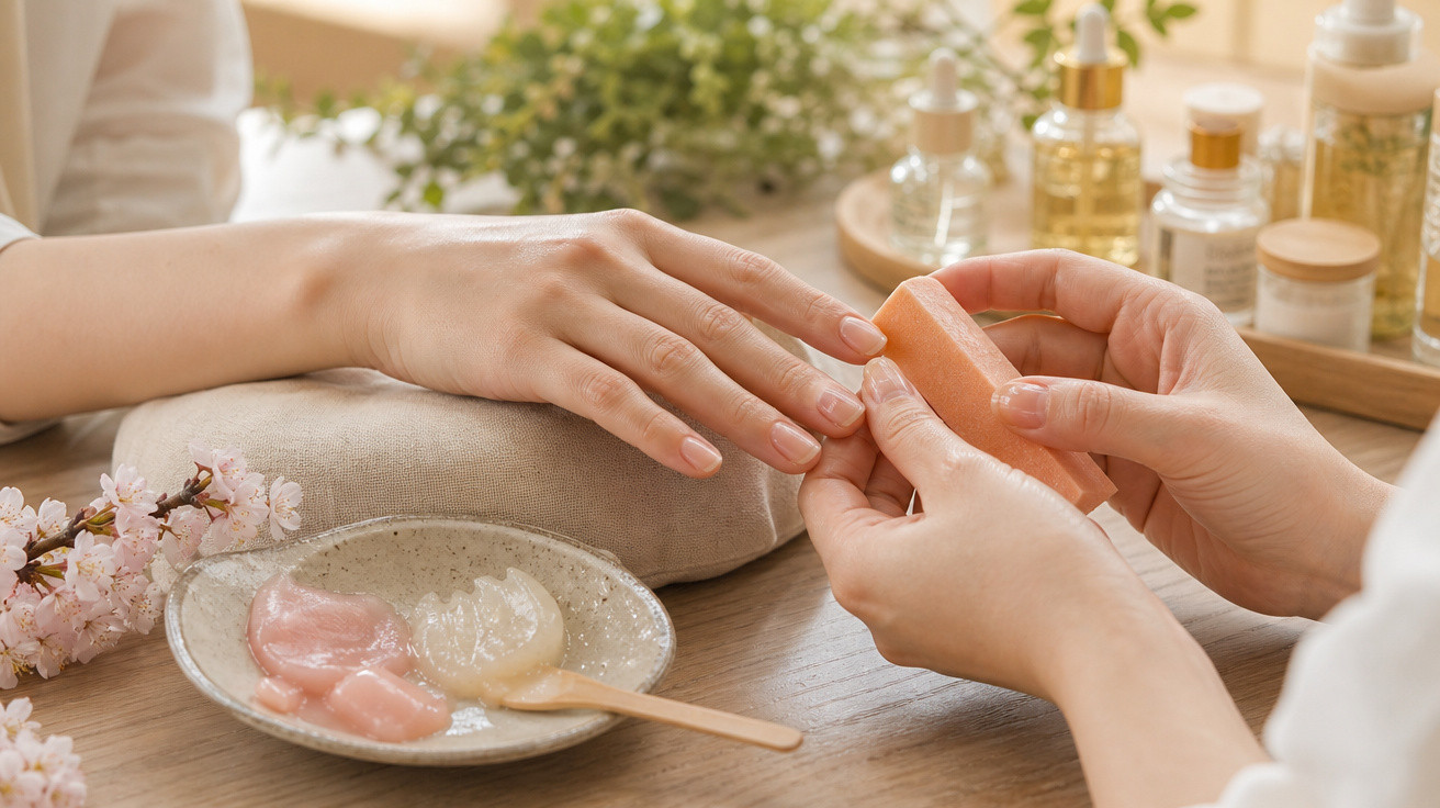 Tratamento de mãos com esfoliante em ambiente relaxante com produtos de beleza naturais.