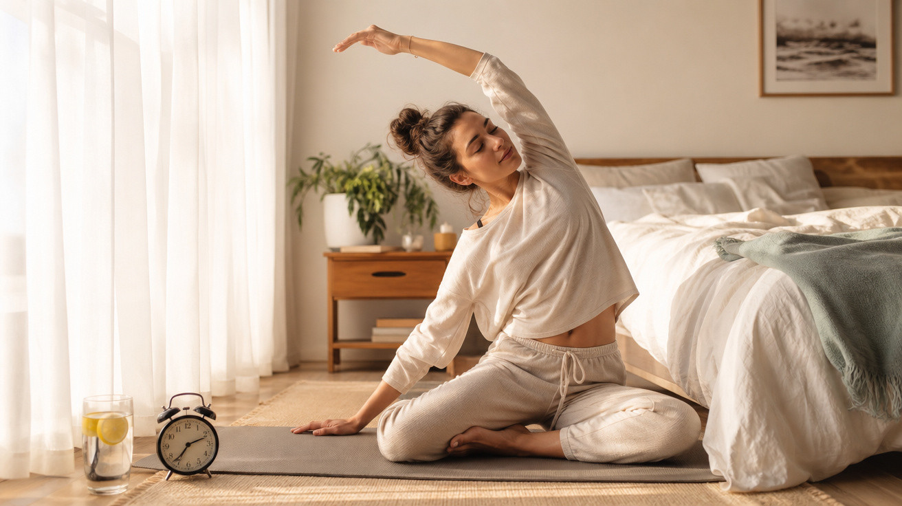 Mulher faz alongamento sentado no chão do quarto ao lado da cama, com luz natural e despertador perto.
