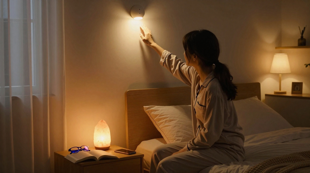 Mulher em pijama sentada na cama acende luz de parede num quarto acolhedor à noite.