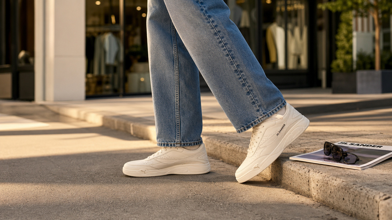 Pessoas com jeans e sapatilhas brancas a levantar o pé num passeio urbano ensolarado.