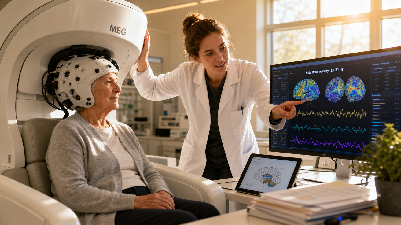 Mulher idosa com capacete EEG sentada enquanto médica explica resultados de atividade cerebral num ecrã.