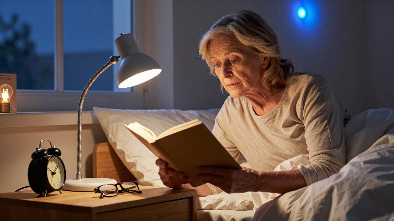 Mulher idosa a ler um livro na cama, iluminada por uma candeeiro, com relógio e óculos na mesa de cabeceira.