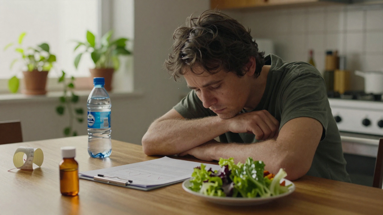 Homem sentado à mesa com salada, medicamentos e garrafa de água, aparentando cansaço ou desânimo.