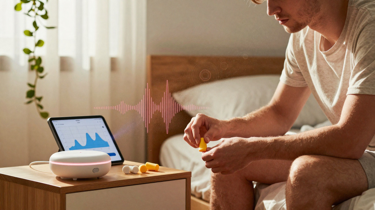 Homem sentado na cama usa tampões para os ouvidos junto a dispositivo de ruído branco e tablet com gráficos.