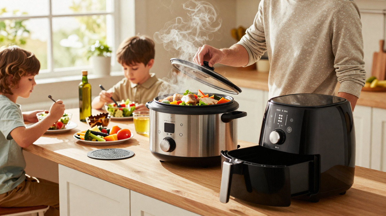 Crianças a comerem saladas na cozinha enquanto um adulto levanta tampa de panela a vapor na bancada.
