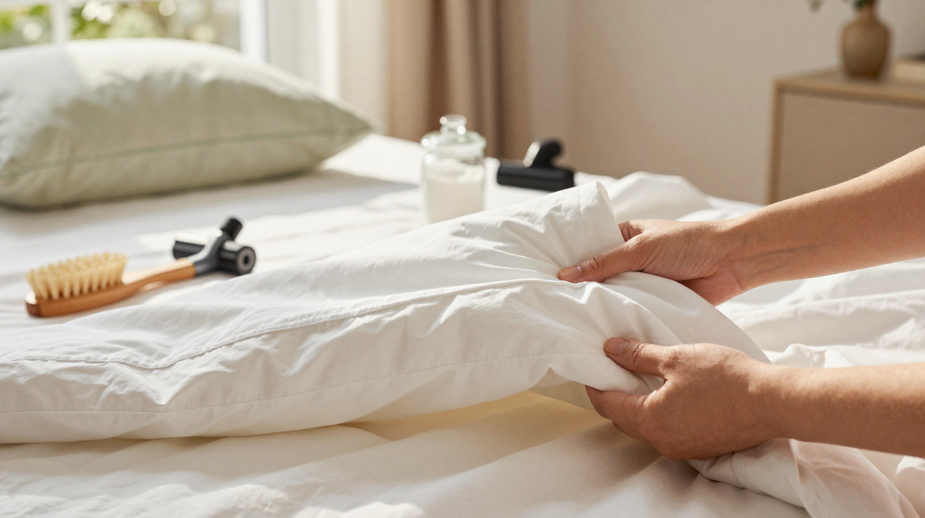 Mãos a arrumar um edredão branco num quarto com cama, almofada verde e escova de cabelo.