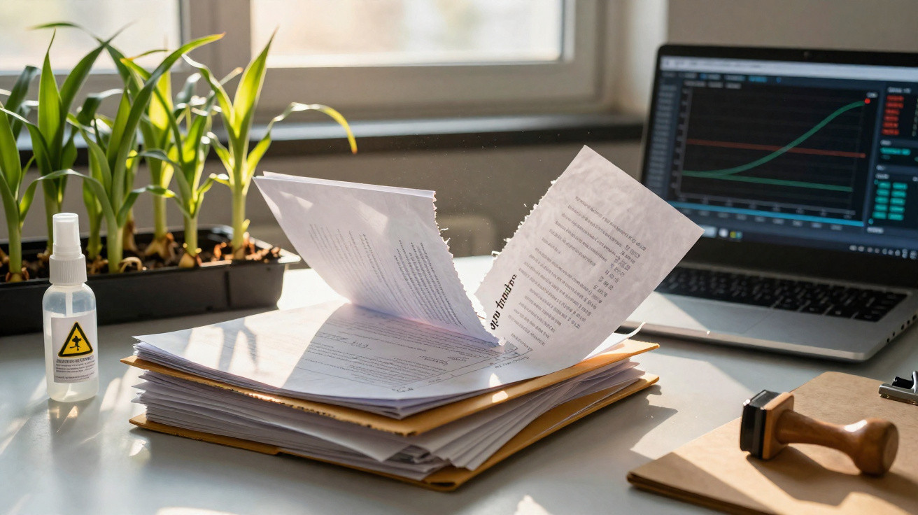 Pilhas de documentos e plantas jovens num escritório com computador portátil e selo de segurança na mesa.